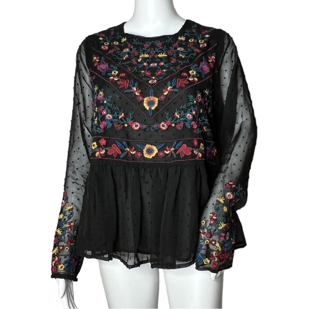 Black Embroidered Peplum Blouse with Sheer Sleeves
